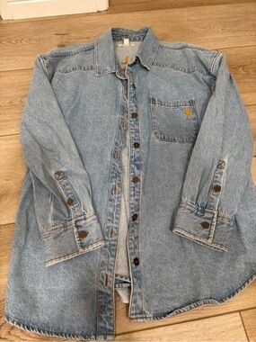 Light Wash Denim Button-Up Shirt with Palm Embroidery